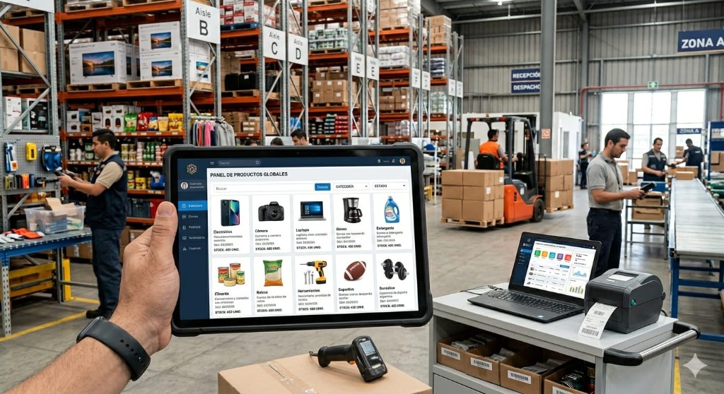 Control de inventario con tablet y operaciones en almacén