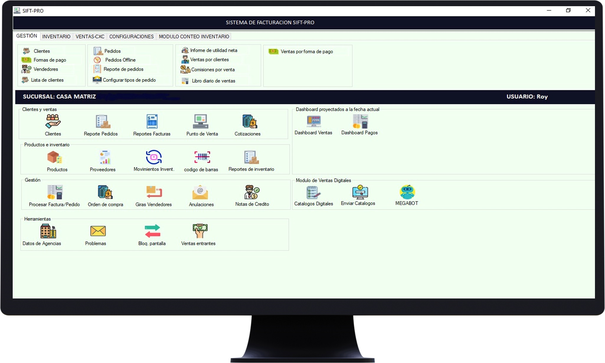 Pantalla del sistema SIFT-PRO con dashboards y gestión en tiempo real